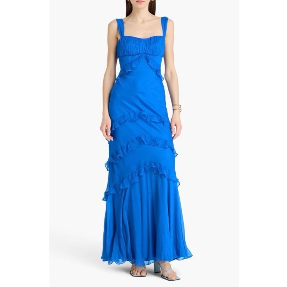 Saloni Silk Ruffle Maxi Dress Blue Formal Gown Women's US 0 Luxury NWT (FLAWED)